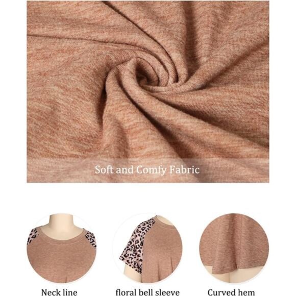 Womens Plus Size Tops Floral Bell Sleeves Blouses Summer Crewneck Tunic Loose - Picture 5 of 6